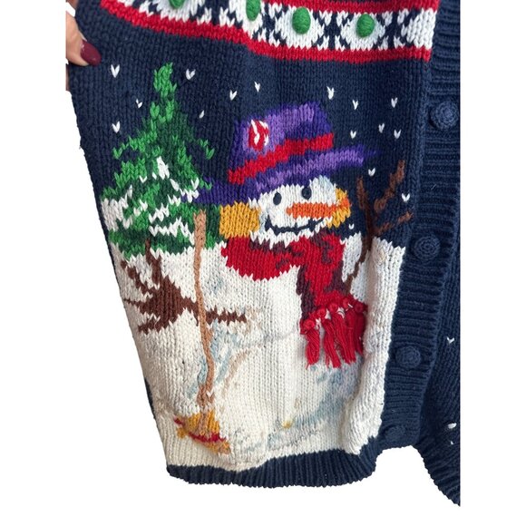 Vtg. 90's Winter Cardigan Sweater Hand Knit Snowman Ice Skates 3D Wearable Art - Picture 7 of 13